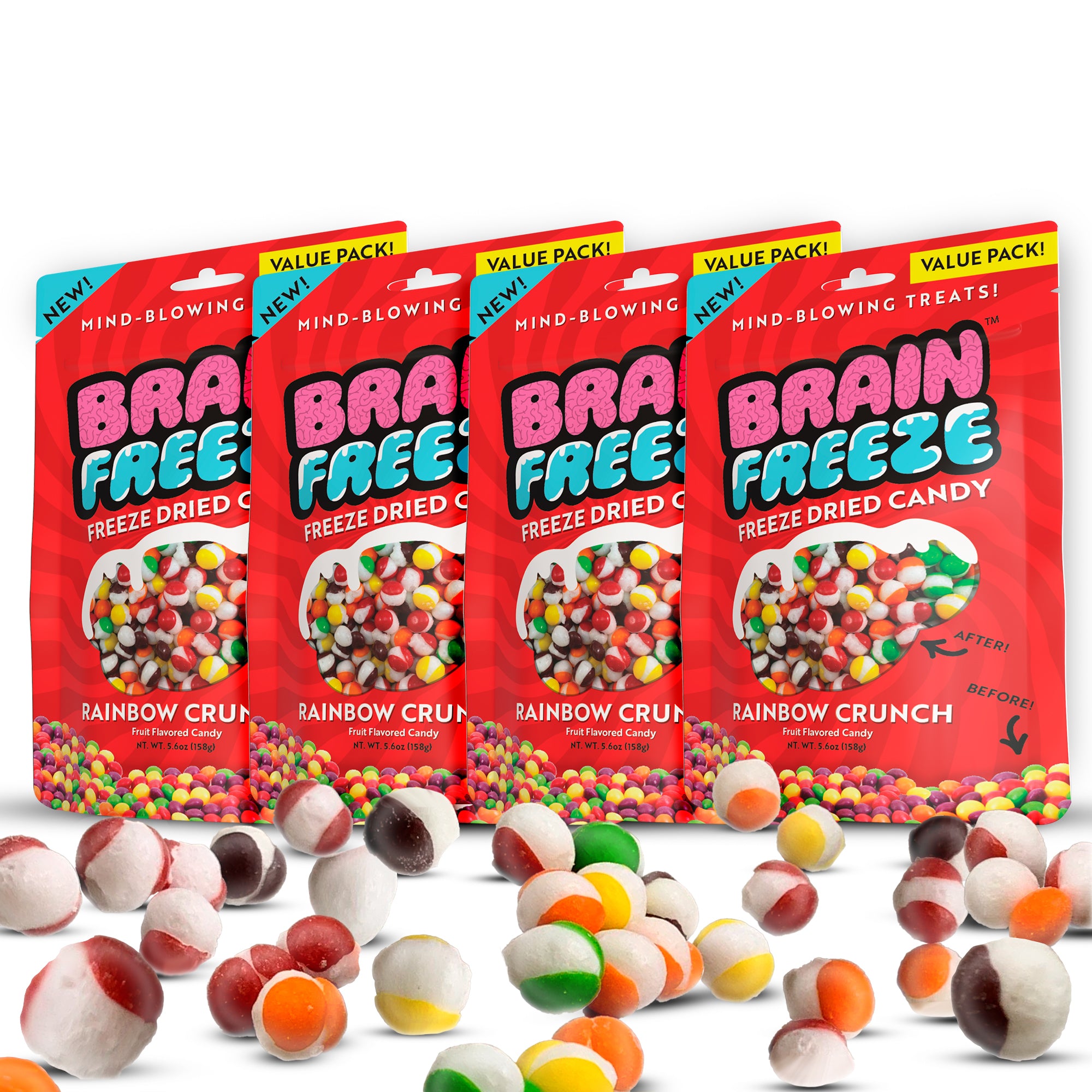 Bag of Brain Freeze Freeze Dried Rainbow Crunch candy with colorful candy background.